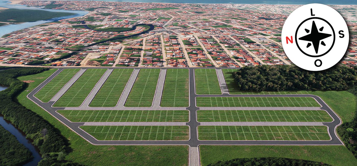 Vista aérea ilustrativa do Loteamento Perequê com as quadras de lotes, o rio e o mar ao fundo
