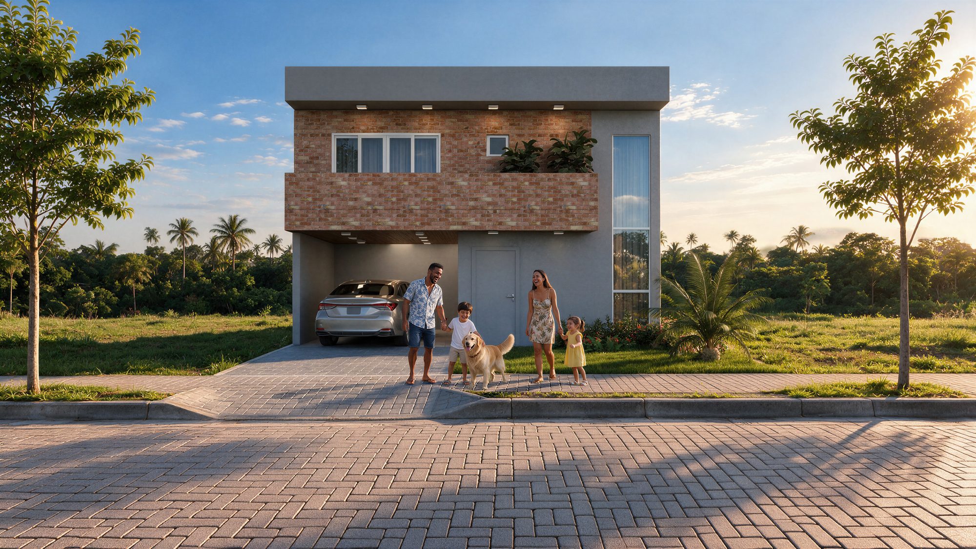 Família caminhando com o cachorro em frente a uma casa com jardim