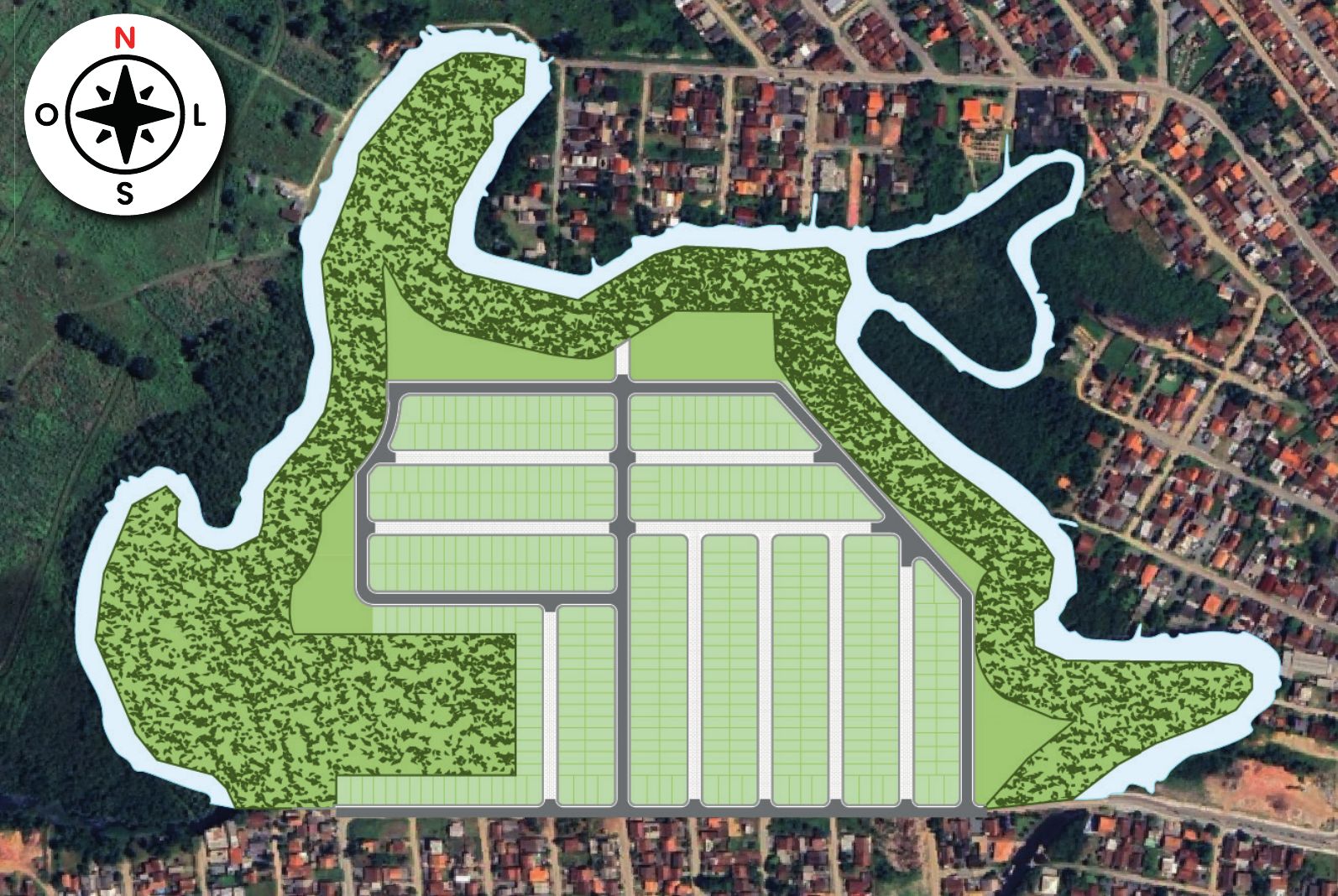 Planta de implantação do loteamento sobre imagem de satélite, com as quadras cercadas pelo Rio Perequê e pelas áreas verdes